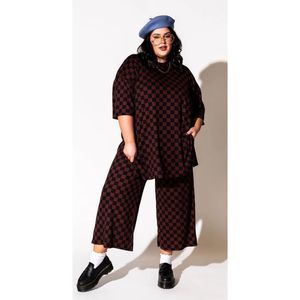 LALA original size 2X Lex ribbed checkerboard playsuit in black k and mocha plus